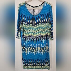 *NWT* Viereck Vibrant Turquoise/Yellow/Blue/White Patterned Dress Artsy, size XL